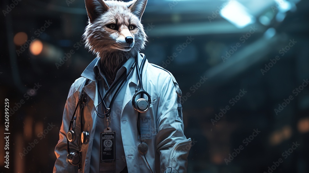 anthropomorphic fox medical officer, digital art illustration