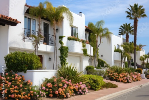 White townhouses with a front landscape garden can be found in Carlsbad, San Diego, California.