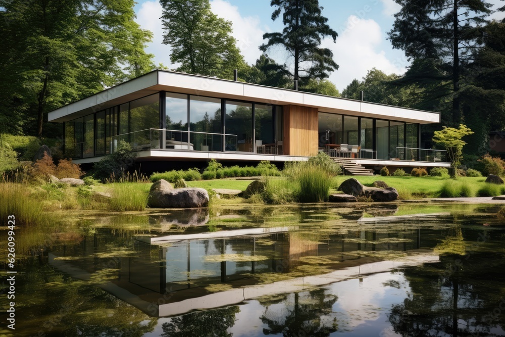 The typical exterior appearance of a contemporary suburban house located by a pond during midday. The typical exterior appearance of a contemporary suburban house located by a pond during midday.