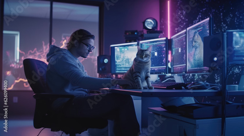 A software engineer works at a computer and a cat sits on a table
