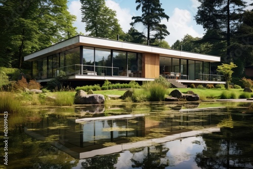 The typical exterior appearance of a contemporary suburban house located by a pond during midday. © 2rogan