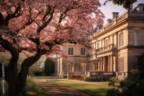 The stately home, which has been transformed into a high-end hotel, is captured in an image with a blurred background, while vibrant apple tree blossoms in the hotel's grounds take the spotlight.