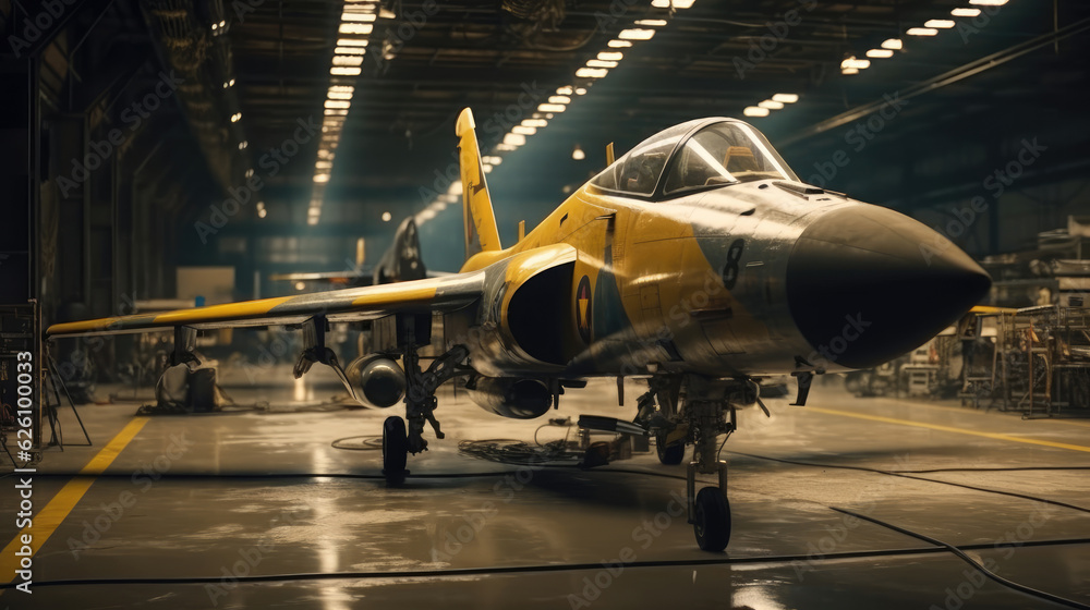 A fighter jet maintenance in hangar A fighter jet maintenance in hangar