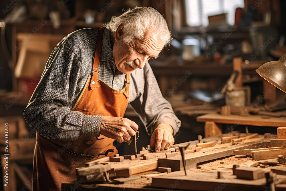 Elderly woodworker diligently crafting a piece indicative of quality craftsmanship, displaying pride and talent in his carpenter's workshop Elderly woodworker diligently crafting a piece indicative of quality craftsmanship, displaying pride and talent in his carpenter's workshop