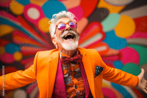 An eccentric elderly senior man dancing happily in front of a vibrant colorful background. Expressing joy and free spirit, beauty of aging and individuality and carelessness