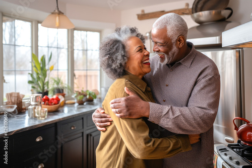 Authentic moment of an African American retired couple sharing a dance in the kitchen, an embodiment of enduring love and romance