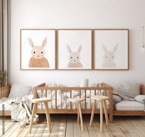 Mock-up poster frame in the background of a white cozy children's room interior with 3D render. Made with Generative AI technology © mafizul_islam
