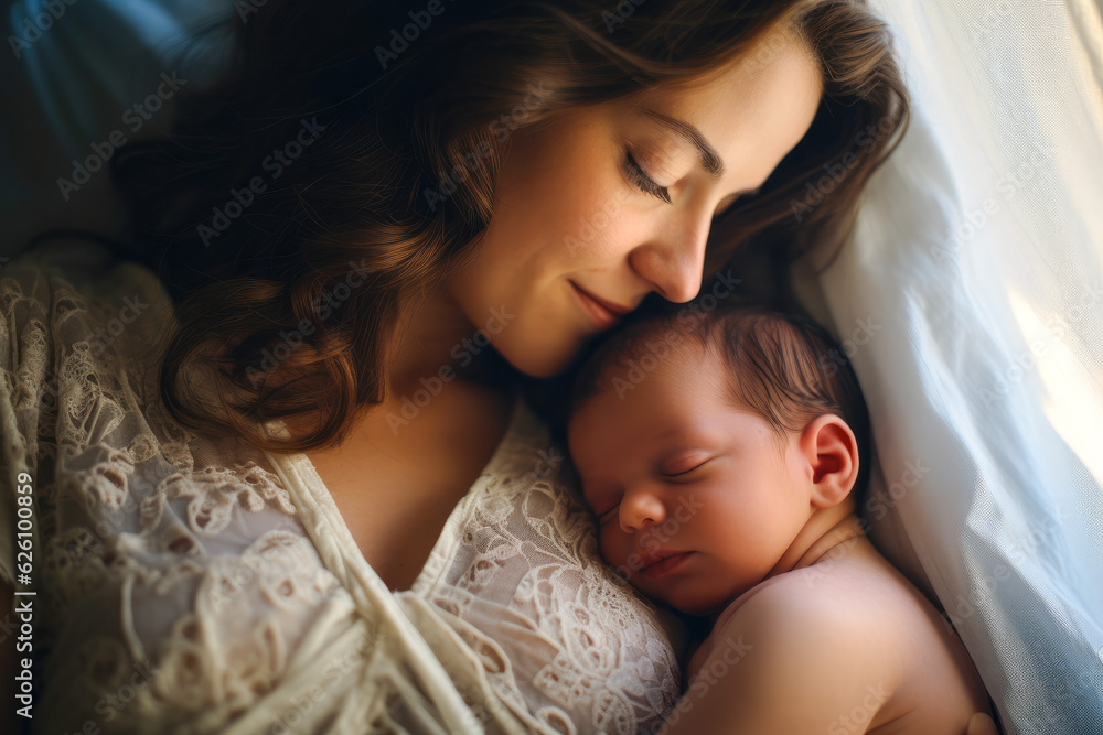 A young caucasian mother sleeping together with her newborn baby, radiating mother love and the unique bond of parenthood A young caucasian mother sleeping together with her newborn baby, radiating mother love and the unique bond of parenthood