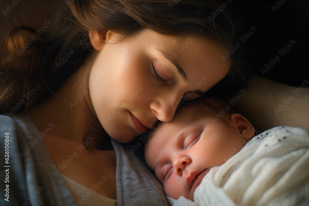 A young caucasian mother sleeping together with her newborn baby, radiating mother love and the unique bond of parenthood A young caucasian mother sleeping together with her newborn baby, radiating mother love and the unique bond of parenthood