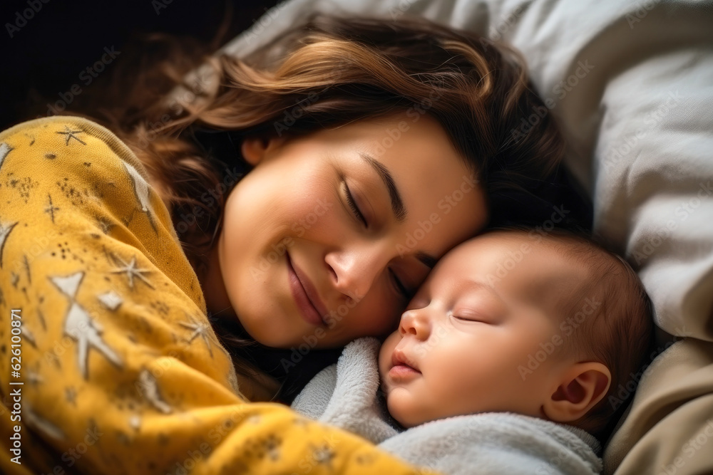 A young caucasian mother sleeping together with her newborn baby, radiating mother love and the unique bond of parenthood