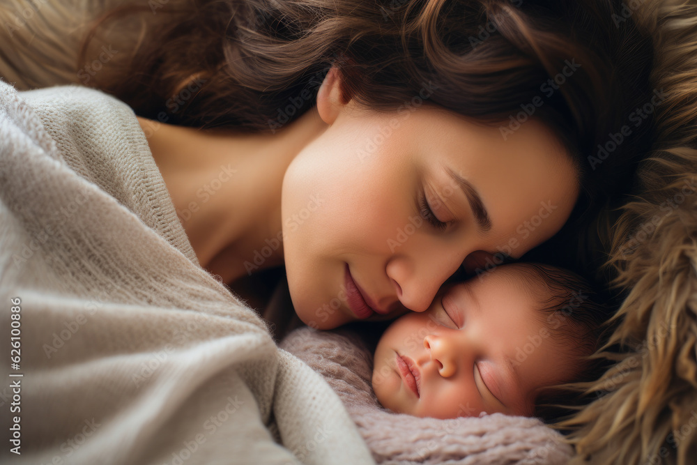 A young caucasian mother sleeping together with her newborn baby, radiating mother love and the unique bond of parenthood A young caucasian mother sleeping together with her newborn baby, radiating mother love and the unique bond of parenthood
