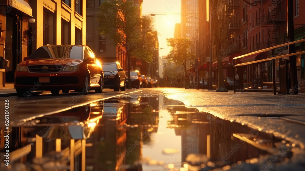 Fototapeta premium Street in New york city with puddles as reflection effect