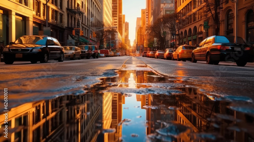 Foto Street in New york city with puddles as reflection effect