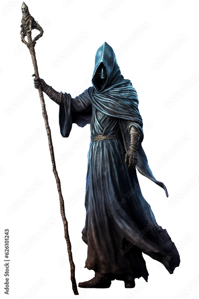Sorcerer with mask holding a magical staff full body. isolated object, transparent background Sorcerer with mask holding a magical staff full body. isolated object, transparent background