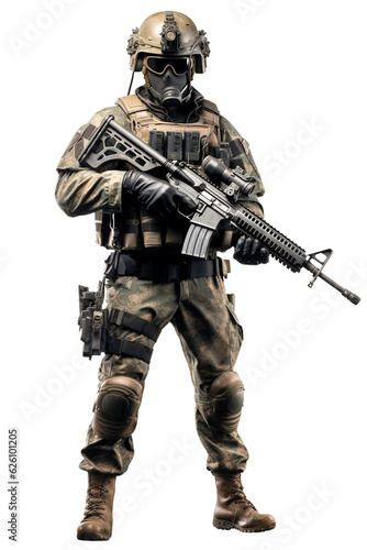 Soldier with helmet holding a rifle . isolated object, transparent background