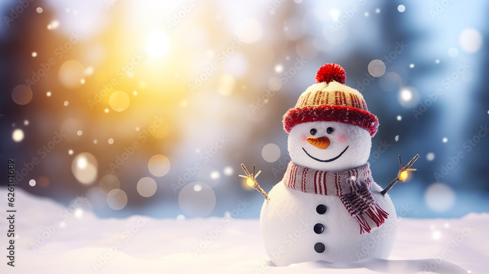 Cute funny smiling snowman with wool hat and scarf, on snowy snow snowscape with bokeh lights, illuminated by the sun. Digital illustration generative AI.