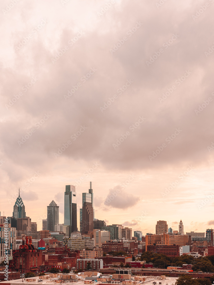 Philadelphia PA skyline during warm sunset with copy space