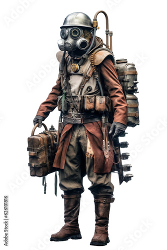Steampunk adventurer with gear-filled helmet. isolated object, transparent background