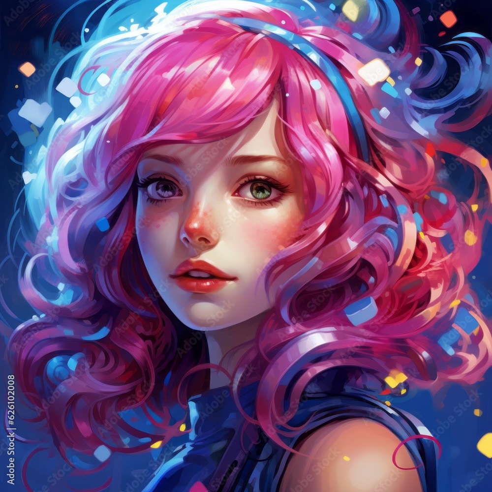 Dreamy anime girl with vibrant hair, exploring futurism, Generative AI