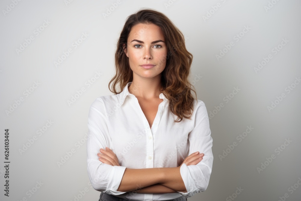 a portrait photo of a beautiful businesswoman lady in a white suit shirt having her arms folded and watching forward in the camera. white background. studio photography for ads. Generative AI a portrait photo of a beautiful businesswoman lady in a white suit shirt having her arms folded and watching forward in the camera. white background. studio photography for ads. Generative AI