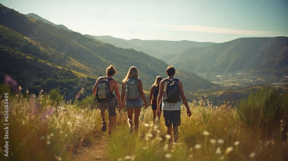 a candid photo of a family and friends hiking together in the mountains in the vacation trip week. sweaty walking in the beautiful american nature. fields and hills with grass. Generative AI - obrazy, fototapety, plakaty 