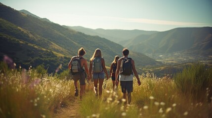 a candid photo of a family and friends hiking together in the mountains in the vacation trip week. sweaty walking in the beautiful american nature. fields and hills with grass.