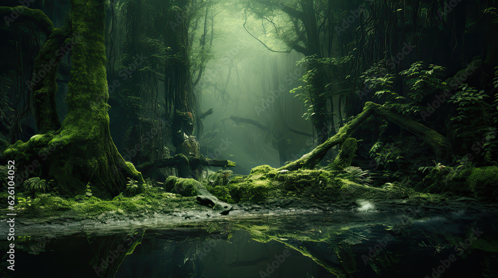Naklejka premium Green abstract hidden forest landscape