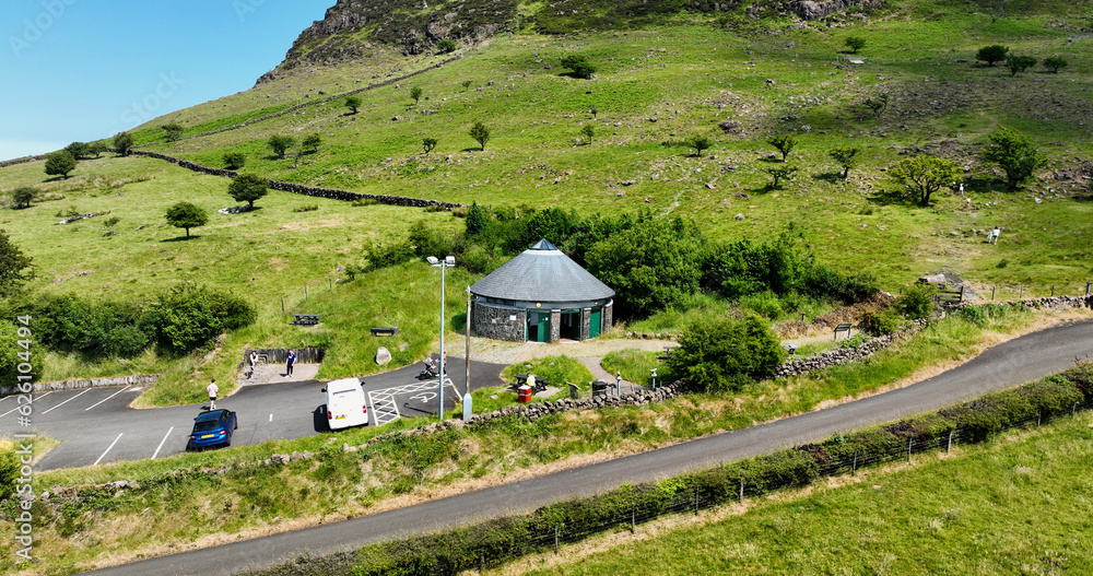 Aerial view of Information Centre Interpretation Boards and washroom facilities with Parking area at Slemish Mountain Antrim Northern Ireland where St Patrick worked as a boy