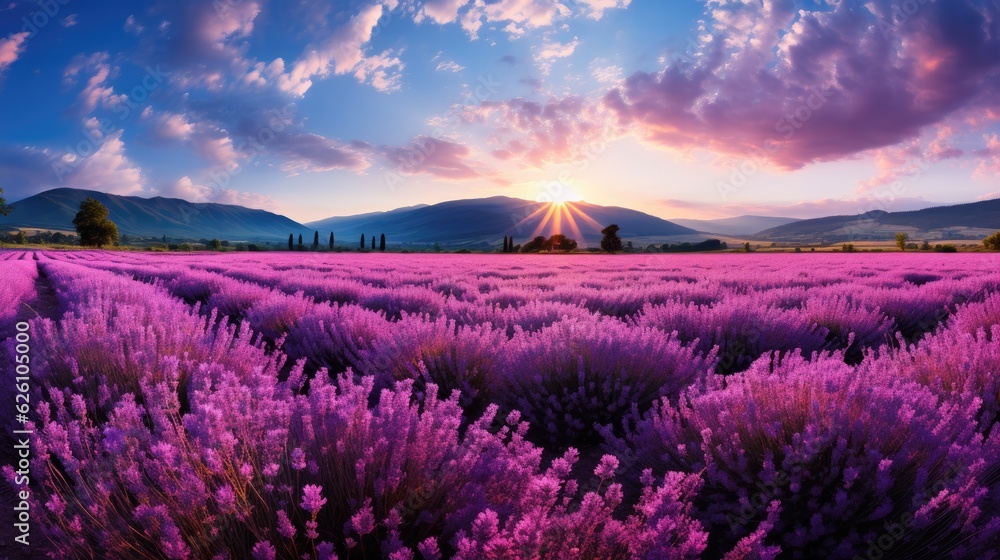 A tranquil Provençal lavender field in France, with rows of vibrant purple under a bright blue sky. A tranquil Provençal lavender field in France, with rows of vibrant purple under a bright blue sky.