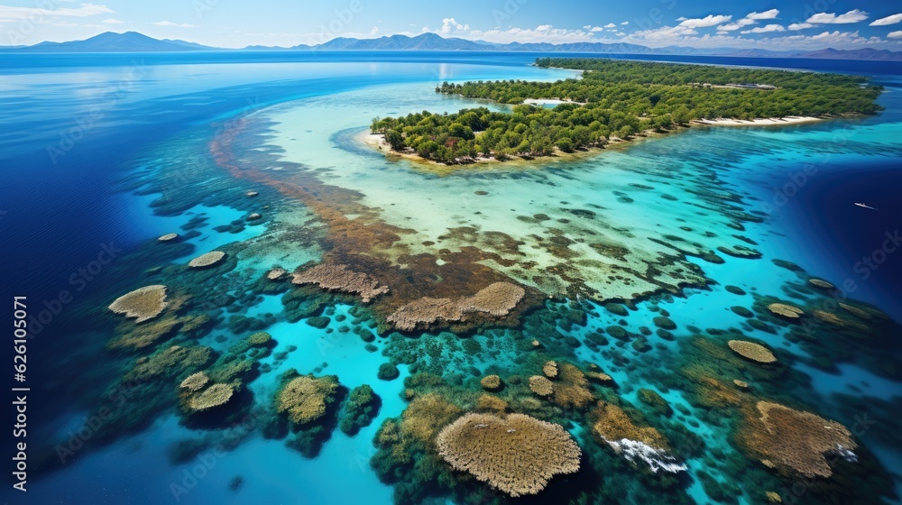 The Australian Great Barrier Reef from above, showcasing a mosaic of coral atolls, turquoise waters, and sandy islets.