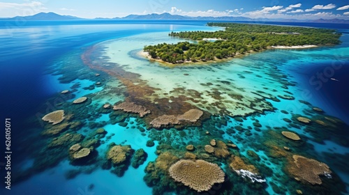 The Australian Great Barrier Reef from above, showcasing a mosaic of coral atolls, turquoise waters, and sandy islets.