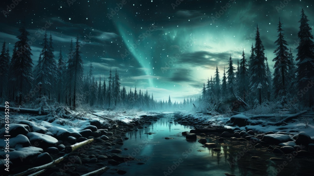 A serene Russian Taiga forest in winter, snow-laden evergreens under a clear sky lit by the northern lights.