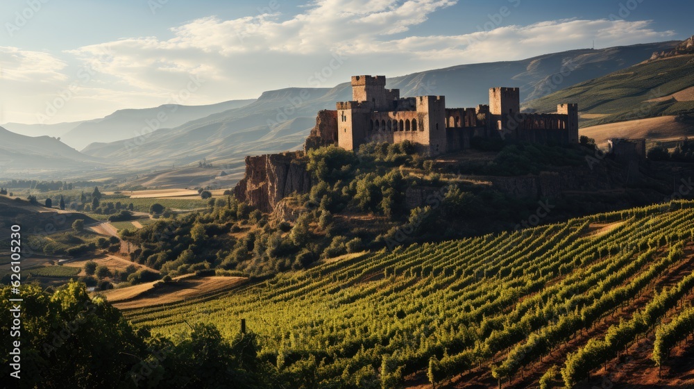 A tranquil scene of a Georgian vineyard, with grapevines covering rolling hills and an ancient stone monastery in the background.