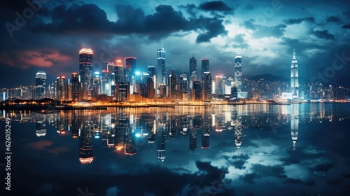 The bustling cityscape of Hong Kong, with high-rise buildings lighting up the night sky and reflecting in Victoria Harbor.