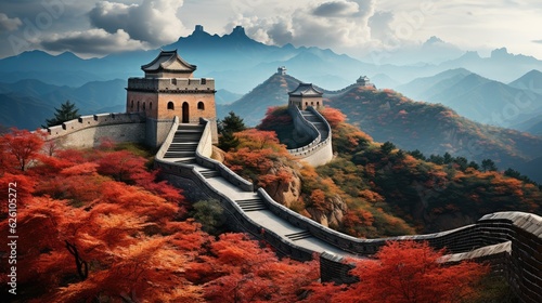 Fotografia A sweeping view of the Great Wall of China snaking over mountains, covered in autumn foliage