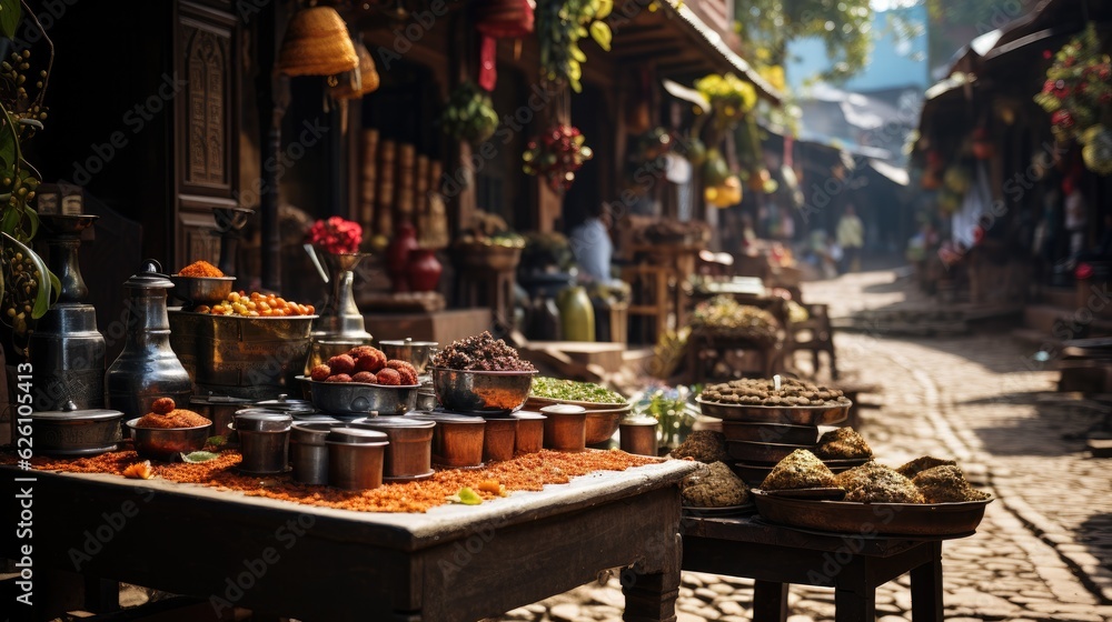 A bustling Indian spice market with colorful stalls, against the backdrop of an ornate Mughal era architecture.