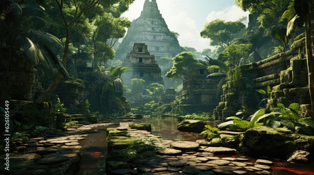 An ancient Mayan city in the Yucatan jungle, with stone pyramids rising above the tree canopy.