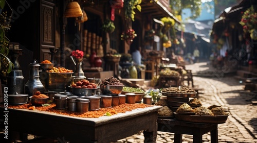 A bustling Indian spice market with colorful stalls, against the backdrop of an ornate Mughal era architecture.