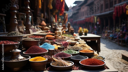 Fototapeta Naklejka Na Ścianę i Meble -  A bustling Indian spice market with colorful stalls, against the backdrop of an ornate Mughal era architecture.