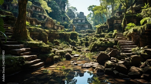 An ancient Mayan city in the Yucatan jungle  with stone pyramids rising above the tree canopy.