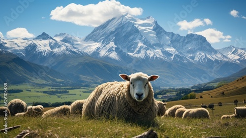 The serene landscape of a New Zealand sheep farm, with rolling green pastures and a backdrop of snow-capped mountains. photo