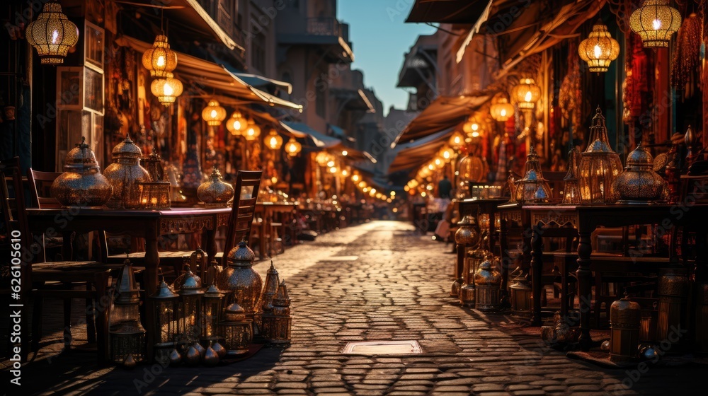 Obraz premium The bustling medina of Marrakech, with colorful stalls, traditional lamps hanging overhead, and the Koutoubia Mosque in the distance.