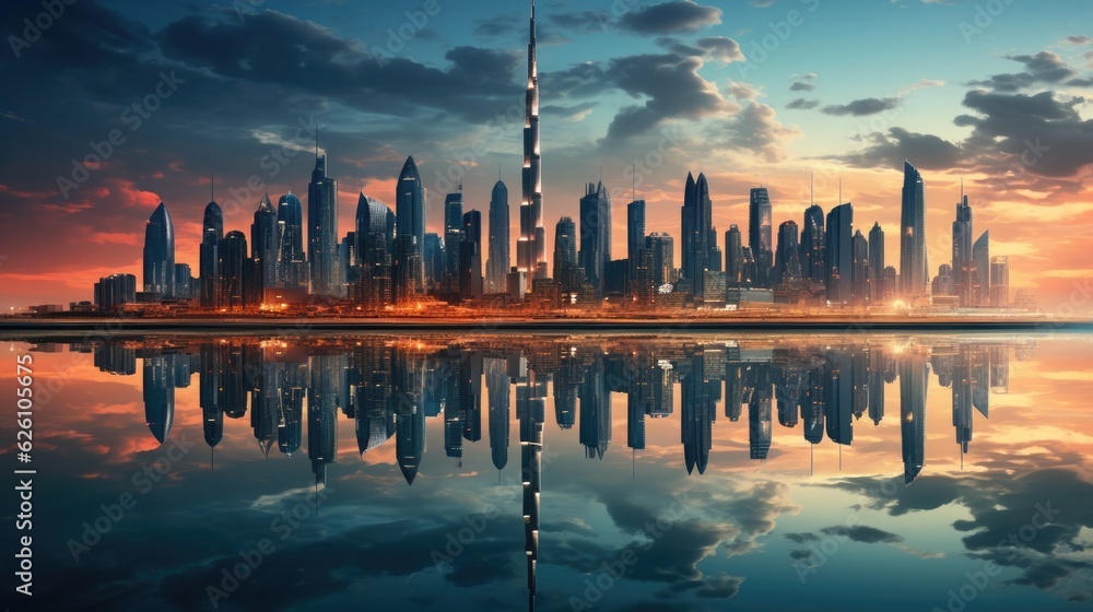 Obraz premium The vibrant skyline of Dubai at dusk, with the Burj Khalifa piercing the sky and lights reflecting in the Dubai Fountain.