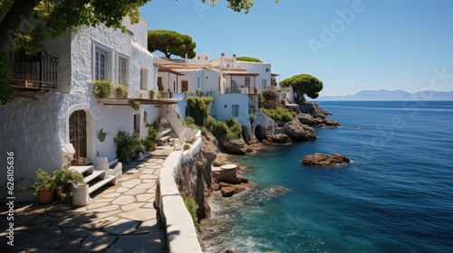 An idyllic Greek village with white stone houses nestled into a hillside, overlooking the azure Aegean Sea.