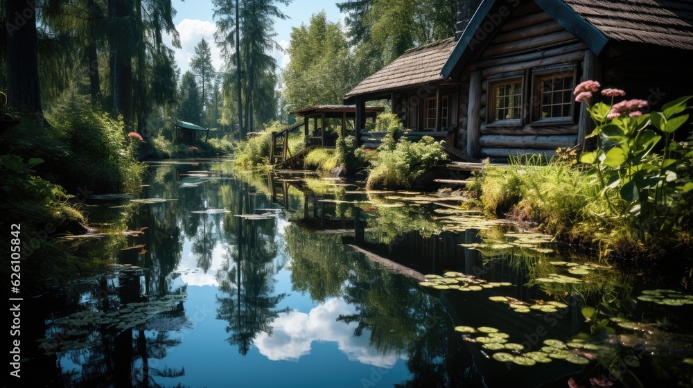 A tranquil Finnish lakeland scene in summer, with a traditional wooden cottage on a peaceful lake, surrounded by birch trees.