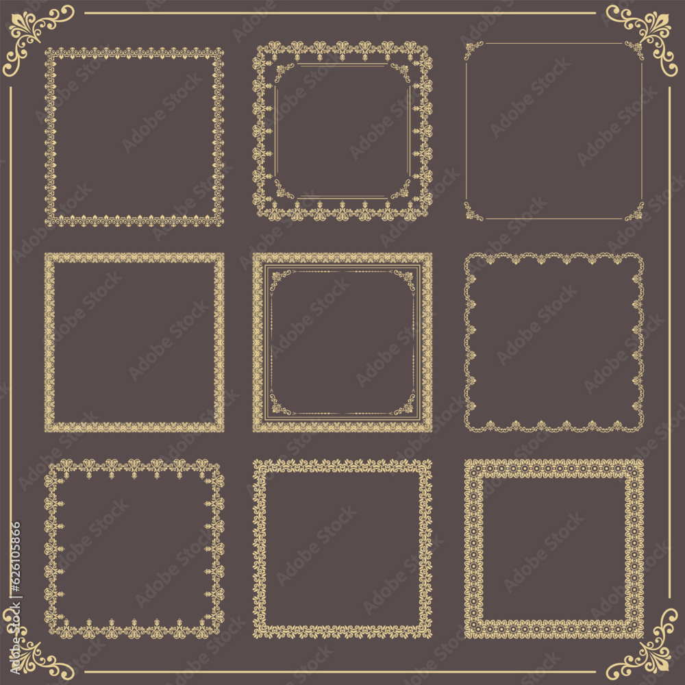 Vintage set of vector brown and golden patterns. Different square elements for cards, menus, backgrounds and monograms. Classic patterns.
