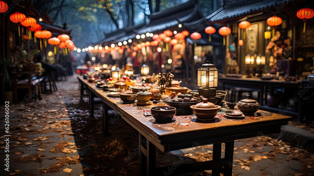 A bustling Asian night market, lit by colorful lanterns and filled with stalls selling exotic street food and handmade crafts.