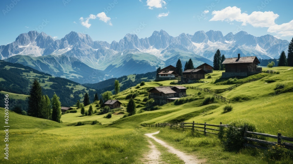 A vista of the Italian Dolomites in summer, with lush green meadows, jagged peaks, and a clear blue sky. A vista of the Italian Dolomites in summer, with lush green meadows, jagged peaks, and a clear blue sky.