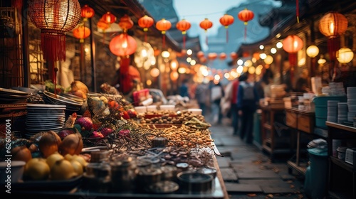 A bustling Asian night market  lit by colorful lanterns and filled with stalls selling exotic street food and handmade crafts.