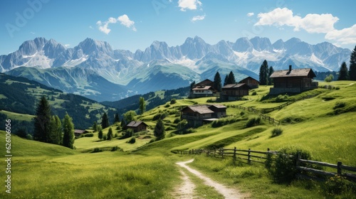 A vista of the Italian Dolomites in summer, with lush green meadows, jagged peaks, and a clear blue sky.